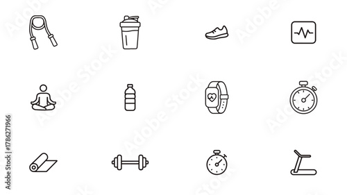 Minimal outline icon set of physical fitness symbols