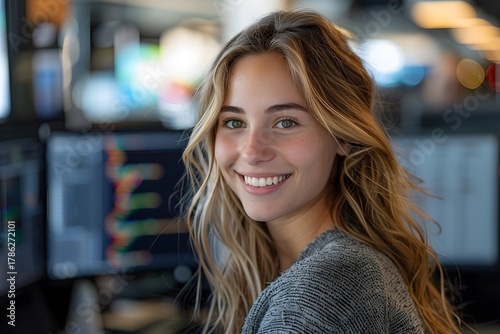 Wallpaper Mural A young woman with long, wavy hair smiles while sitting at her desk. Multiple computer screens show graphs and data behind her. The office is bright and modern, creating a lively atmosphere Torontodigital.ca