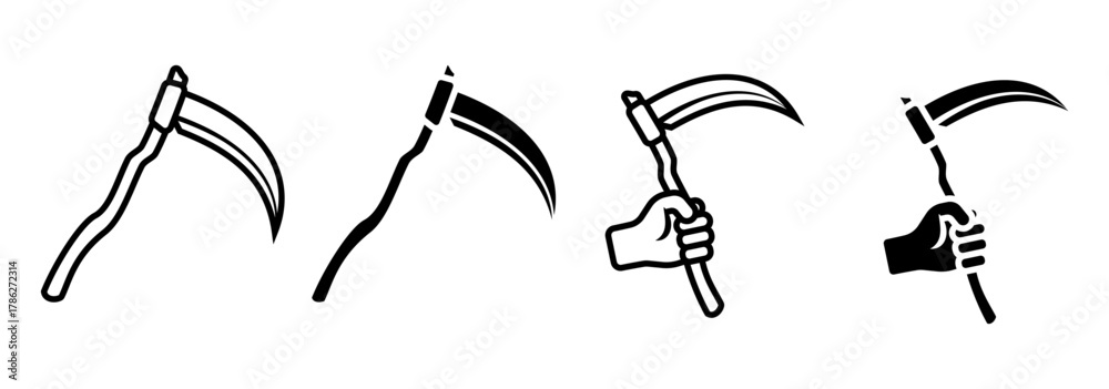 Fototapeta premium Scythe icon set. A set of simple scythe icon illustrations, both with and without a hand. Suitable for use in designs related to halloween, farming, harvesting, horror, and medieval themes.