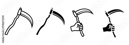 Scythe icon set. A set of simple scythe icon illustrations, both with and without a hand. Suitable for use in designs related to halloween, farming, harvesting, horror, and medieval themes.