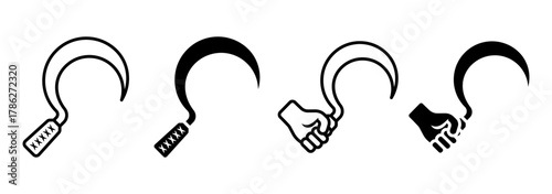 Sickle icon set. A collection of minimalist sickle symbols in various styles presented in black and white. Ideal for representing farming, agriculture, or historical themes.