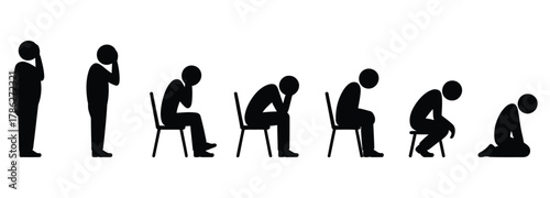 Stages of despair depicted through simple black silhouette figures showing progression from standing to kneeling in profound sadness and hopelessness