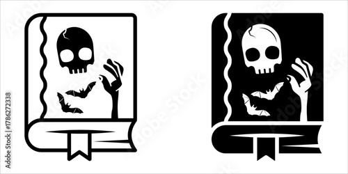 Spellbook icon set. Minimalist outline illustration of a book containing a skull, hand and bats figure, depicting a spooky or Halloween concept.