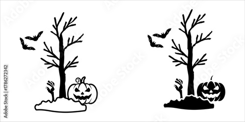 Tree icon set. Illustration of Spooky Halloween Scene with Pumpkin, Tree, and Bat. Ideal for Halloween decorations, greeting cards, or spooky designs.
