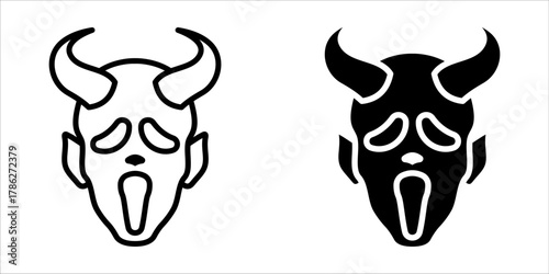 Devil icon set. illustration of a demon face with horns, expressing a spooky and eerie character. Ideas for Halloween designs, horror themes, or character illustrations with a minimalist touch.