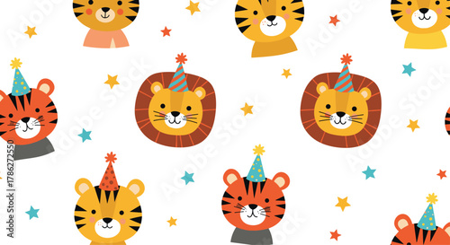 Cheerful and cute seamless pattern for a kids' birthday party, featuring the faces of smiling lions and tigers wearing party hats among colorful stars on a white background.