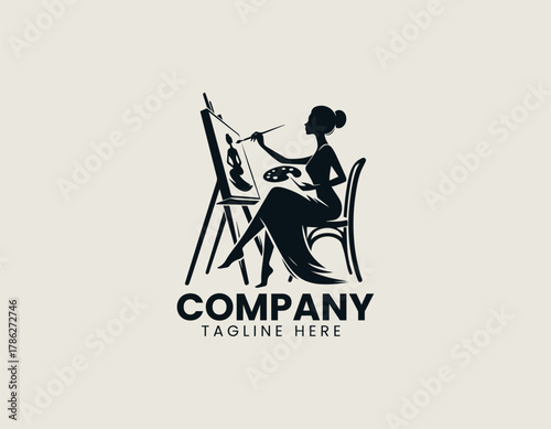 Elegant woman artist silhouette vector logo illustration seated at an easel painting with a brush and palette