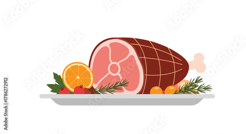 Traditional holiday glazed ham served on a platter, garnished with a slice of orange, rosemary, and berries, illustrated in a flat style and isolated on white background.