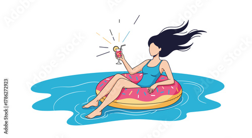 Relaxed woman in a blue swimsuit enjoying a sparkling cocktail while floating on a pink donut-shaped inflatable ring in a pool, perfectly capturing summer vacation vibes.