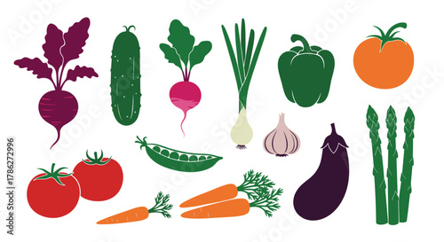 Colorful collection of various hand-drawn vegetables with a textured, stamp-like effect, showcasing fresh and healthy organic produce on a white background.