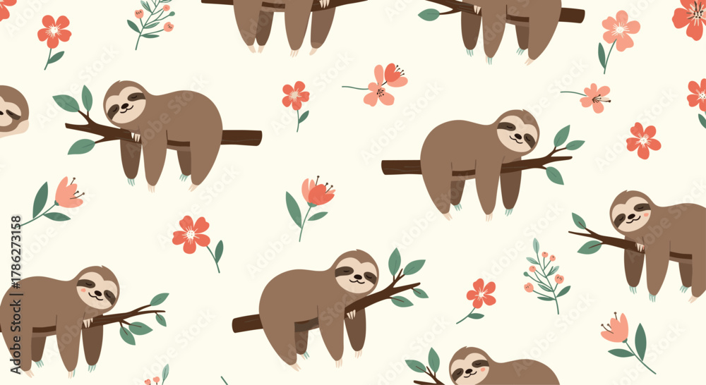 Naklejka premium Adorable seamless pattern of cute, sleepy sloths hanging on tree branches surrounded by delicate flowers, creating a charming and gentle animal background.