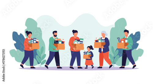 Diverse group of volunteers, including families and seniors, holding donation boxes with essential goods, illustrating community support and charity work.