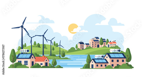 Eco-friendly community concept with modern houses powered by solar panels and wind turbines, showcasing sustainable living and renewable green energy sources.