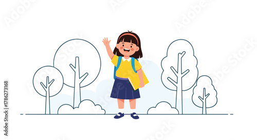 Happy little schoolgirl with a backpack and book cheerfully waving hello, standing in front of a simple line-art park, ready for back to school.