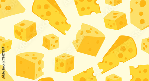 Fun and delicious seamless pattern featuring various types of yellow cheese wedges and cubes, creating a playful and appetizing food-themed background.
