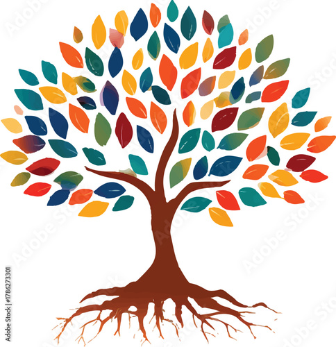 vector logo of a tree with leaves, roots, and branches for a family history website. the background is white, and the design uses colorful