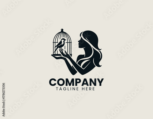 Elegant woman silhouette vector logo illustration holding antique birdcage with caged bird inside. Freedom and beauty concept