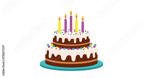 Festive two-tiered birthday cake with chocolate layers, white frosting drips, colorful sprinkles, and five brightly lit candles for a happy celebration.