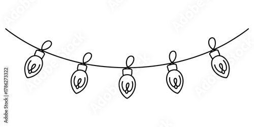Hand drawn outline light bulb string decoration, simple festive