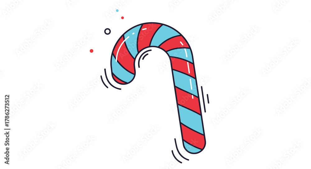 Obraz premium Cheerful cartoon candy cane with vibrant red and blue stripes, illustrated in a simple and modern line style perfect for Christmas and holiday designs.