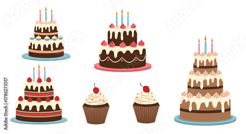 Delicious set of cartoon birthday cakes and cupcakes with chocolate, cream frosting, and lit candles, perfect for any sweet celebration or party invitation.
