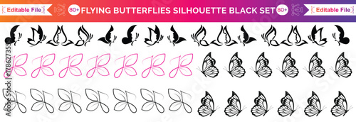 Flying butterflies silhouette black set isolated on transparent background Set and Vactor butterflies set 