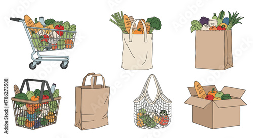 Collection of various grocery containers filled with fresh food, including a shopping cart, reusable bags, basket, and box, promoting sustainable shopping.