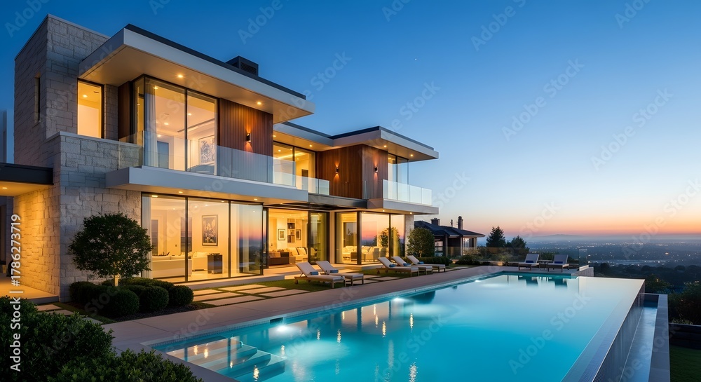Obraz premium Luxury Modern Villa with Infinity Pool at Sunset