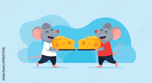 Two cheerful cartoon mice characters happily working together to carry large wedges of delicious Swiss cheese, illustrated in a cute flat style.