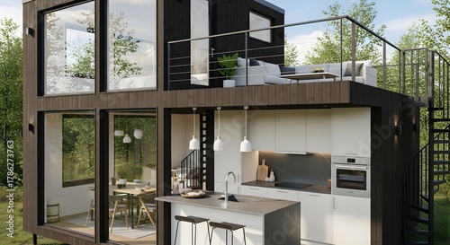 Modern Black Wooden House with Outdoor Terrace and Sleek Kitchen