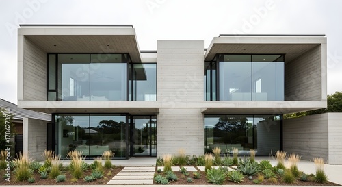 Modern Concrete House with Large Glass Windows and Xeriscape Garden