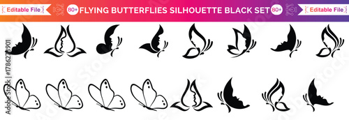 Flying butterflies silhouette black set isolated on transparent background Set and Vactor butterflies set 