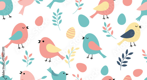 Adorable seamless Easter pattern featuring cute pastel-colored birds, colorful eggs, and delicate spring branches on a simple white background for holiday decor.