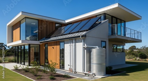 Modern Eco-Friendly House with Solar Panels and Water Tank