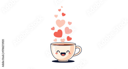 Absolutely adorable kawaii illustration of a smiling coffee cup with pink and red hearts floating up like steam, isolated on a white background to represent love for coffee.