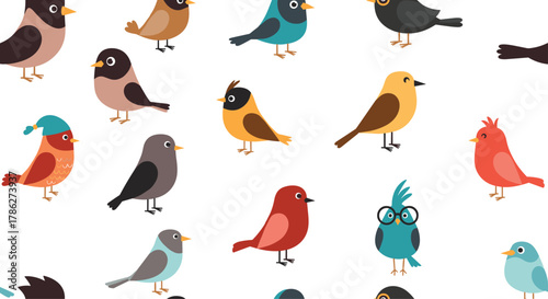 Collection of cute and quirky cartoon birds in various colors and styles, creating a whimsical seamless pattern on a clean white background.