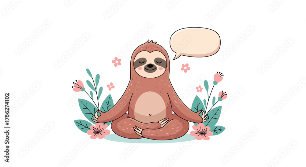 Naklejka premium Cute cartoon sloth meditating in a lotus yoga pose, surrounded by flowers with a blank speech bubble, illustrating mindfulness and tranquility on a clean white background.