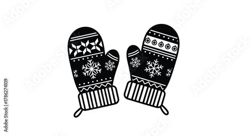 Black and white icon of a pair of cozy winter mittens decorated with traditional Scandinavian snowflake and geometric patterns, isolated on a clean white background.