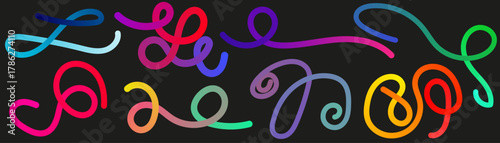 Vibrant and playful abstract calligraphy with colorful swirling lines and decorative flourishes on a dark background representing creativity and artistic expression