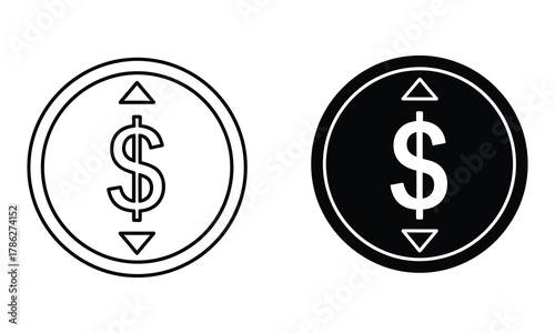 Dollar sign icons with up and down arrows isolated on white background