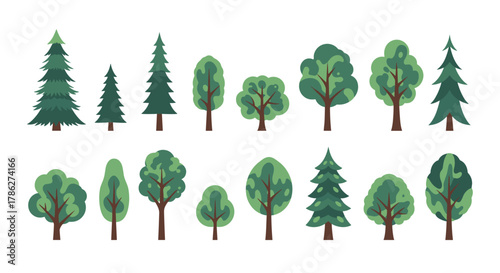 Collection of various stylized trees, including pine, fir, and deciduous types, illustrated in simple, flat green designs and isolated on a clean white background for nature scenes.