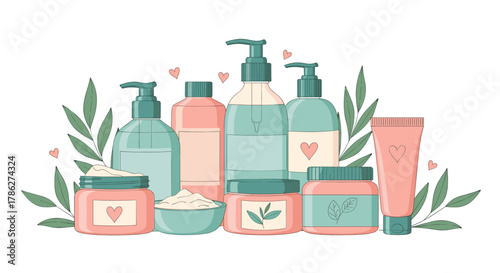 Beautiful composition of various cosmetic and skincare products in soft pastel colors, decorated with green leaves and hearts to represent natural and gentle beauty care.
