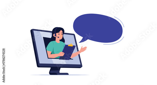 Online customer support concept illustration with a friendly female call center agent wearing a headset, shown inside a computer monitor with a blank speech bubble for text.