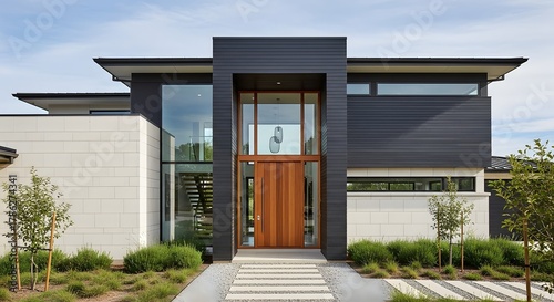 Modern Luxury Home Exterior with Wood Door and Large Windows