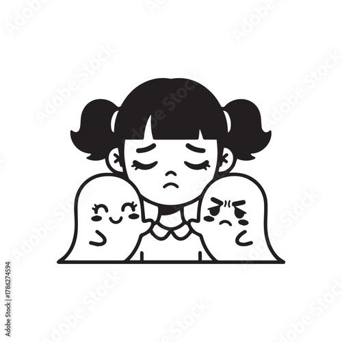 Sad girl with two ghosts whispering secrets isolated on white background