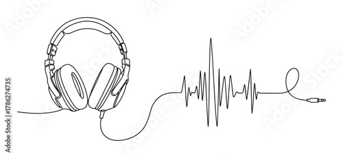 Single line illustration of studio headphones with sound wave wire isolated on white background
