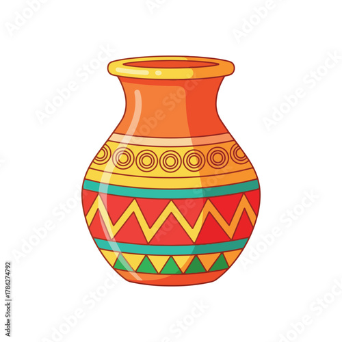 Colorful decorative ceramic pot with geometric pattern isolated on white background