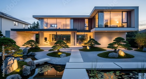 Modern Luxury Home with Zen Garden at Dusk