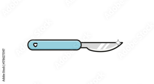 Stylized cartoon scalpel with pastel blue handle on a clean white background displaying surgical