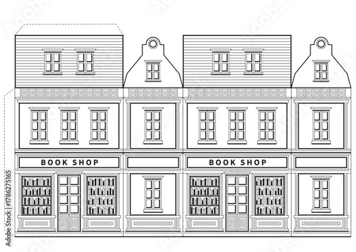 Coloring page and game cut and glue. Paper House for kids. Paper Craft for kindergarten. Book shop for play and decor.